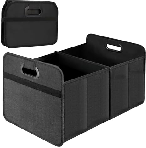 AMFUN 33L Kofferraum-Organizer, Auto Faltbox mit 2 Große Fächer, Wasserdicht Faltbare Kofferraumtasche, Verstärkter Boden, Komfortgriff und Befestigungsstreifen für Auto, SUV, LKW (Schwarz)