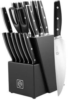 MasterChef Messerblock mit Kochmesser Profi, Küchenmesser set ink. Kochmesser, Brotmesser, Steakmesser, Santokumesser, Gemüsemesser Schere und Schärfer, 15-Teilig, Hochkohlenstoffstahl, Superscharf