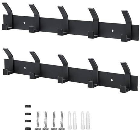 Fiteber Kleiderhaken Wand, 2 Stück Garderobenhaken mit 5 Haken, Kleiderhaken Metall, Hakenleiste Garderobe für Schlafzimmer Bad Küche Garderobe Garderobenleiste Wandgarderobe (Schwarz)