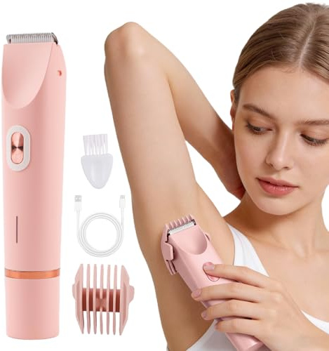 Rasierer Damen, 2-in-1 Doppelkopf Intimrasierer für Frauen mit USB-C-Laden, Bikini Trimmer mit Wasserdichter Trimmerkopf, Damenrasierer Elektrisch IPX7, für Gesicht, Beine und Arme, Rosa