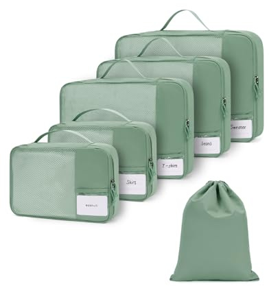 ECOHUB Koffer Organizer Set, 6-teilige Packing Cubes mit ID-Tag, Recycelte Packwürfel für Reisen, Leichte Packtaschen für Koffer, Atmungsaktiver Travel Rucksack Organizer, Patent anhängig (Grün)