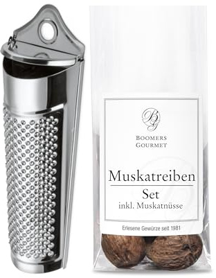 Boomers Gourmet - Muskatreibe mit Behälter und Muskatnüssen I Muskatnuss Reibe mit Aufbewahrung Set - Reibe mit Muskatnüssen Grenada's Best - 1 Stück