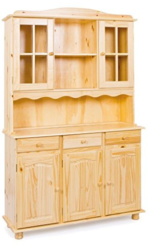 Inter Link – Vitrinenschrank - Küchenschrank - Geschirrschrank - Esszimmerschrank – Vitrine – Standvitrine - Landhausstil - Kiefer Massivholz – 3 Türig - Toscana – Natur lackiert