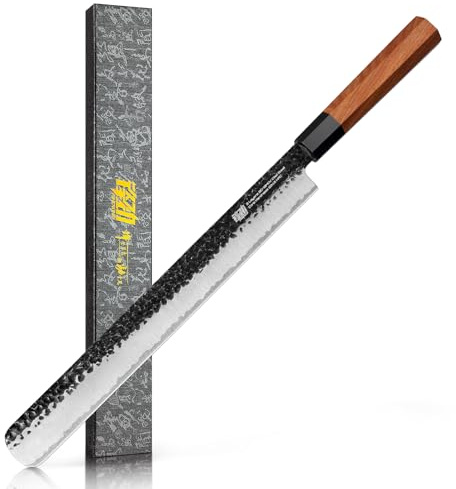 FINDKING Schinkenmesser Tranchiermesser 30 cm Dynasty Serie | 9Cr18MoV Stahl,Hammerschlag,31 cm,Rosenholzgriff,Oktagonal,Schinken,BBQ,Fleisch,Roastbeef,Brisket