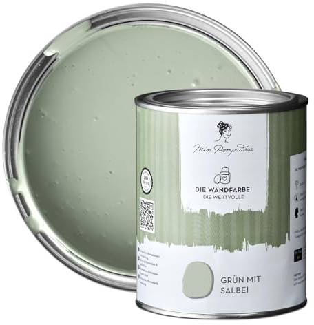 MissPompadour edelmatte Wandfarbe Grün mit Salbei 1L - sehr hohe Deckkraft - geruchsneutrale, spritzfreie Farbe - atmungsaktive, wasserbasierte Innenfarbe/Deckenfarbe - Die Wertvolle