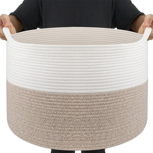 Maliton Aufbewahrungskorb 65L, Wäschekorb Geflochten aus Baumwollseil | Spielzeug Korb mit Griffen, Korb für Kuscheltiere, Wäsche, Ideal für Wohnzimmer, Schlafzimmer und Kinderzimmer, Weiß Braun