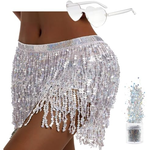Pailletten Rock Damen Bauchtanz Hüfttuch，Glitzer Rock Damen für Halloween Karneval QuastenRock， Glitzerrock Bauchtanz Kostüm Damen und Mädchen (Polyester, Silber)