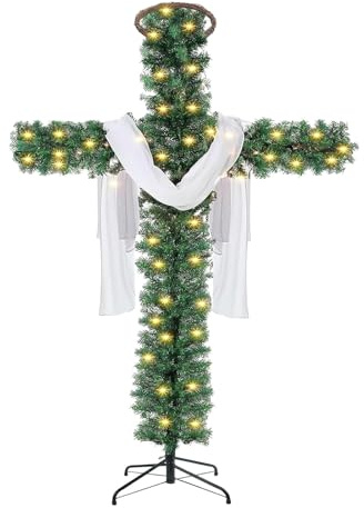 Yiijode 1. Weihnachtskreuz-Weihnachtsbaum Mit Lichtern, Künstliches Grünes Kreuz Seidenschal, LED Weihnachtsdekoration, Funkelnde Weihnachtsbäume, 1.8M, 8M