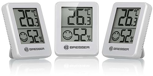 Bresser 3er Set Thermometer Hygrometer - Digitales Raumthermometer für Kontrolle Innenraum Luftfeuchtigkeit, Kühlschrankgeeignet, Wandmontage und Magnet, Schimmelvorbeugung - Indikator Smiley, Weiß