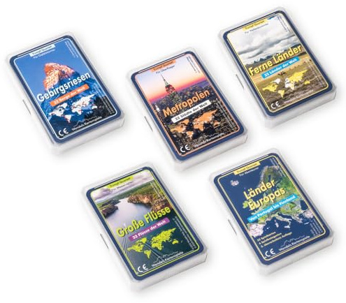 Wendels Kartenspiele 5er-Set: Berge Flüsse Städte und Länder Trumpf Quartett Spiele | Kleine Geschenke für Kinder & Familie