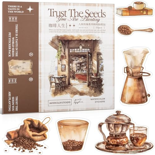 Coffee Theme Washi-Sticker Set für Scrapbooking & Bullet Journal - 50 Bögen Vintage Kaffee-Motive, Vorgeschnittenes Ephemera-Stickerbuch (TZ-005-008)