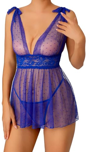 NLAND Babydoll Dessous für Frauen Sexy Babydoll V-Ausschnitt Spitze Nachtwäsche Frauen Damen Durchsichtige Dessous Schleife Unterwäsche Nachthemd Set mit G-String