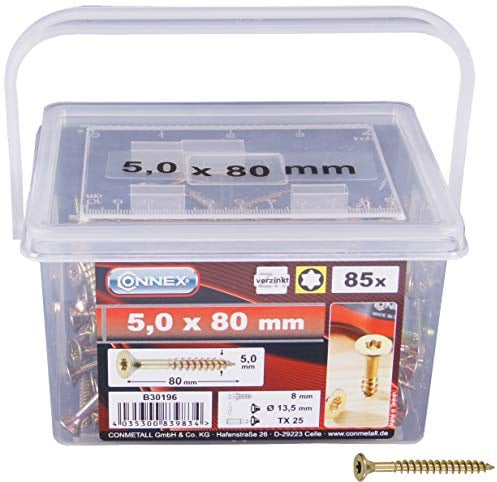 Connex Universalschrauben 5,0 x 80 mm - 140 Stück im Set - Senkkopf - TX-Antrieb - Teilgewinde - Gelb verzinkt / Schrauben-Set / Schrauben-Eimer / B30196