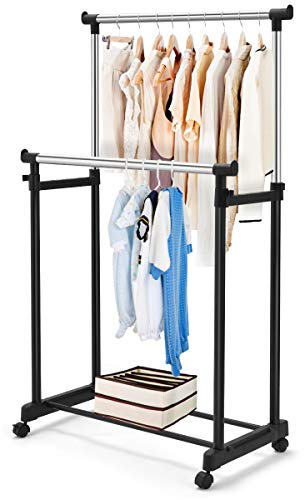 COSTWAY Kleiderständer mit 2 höhenverstellbaren Kleiderstangen, Garderobenständer auf Rollen, Rollgarderobe Garderobenwagen, Kleiderwagen stabil, 86 x 43 x 94-168cm, schwarz