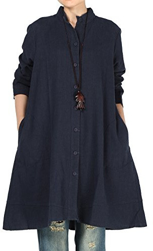 Vogstyle Damen Herbst Baumwolle Leinen Voller vorderer Knopf Blouse Kleid mit Taschen