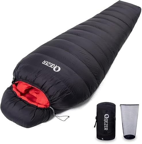 QEZER Daunenschlafsack, Schlafsack Ultraleicht, 600FP+ Premium Daunen, Geeignet für Winter/Sommer, geeignet für Camping, Wandern und Outdoor-Trekking (Schwarz -3℃)