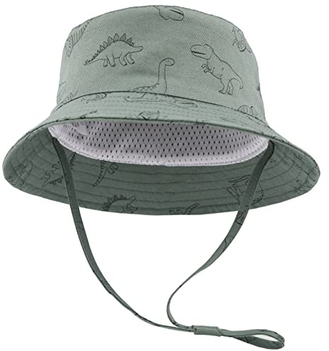 SEYUFN Bob Sonnenhut Baby-Fischerhut mit breiter Krempe Sonnenhut mädchen Verstellbarer Baumwollhut UV-Schutz Sommerhut für Kinder(Grüner Dinosaurier,2-4 Jahre)