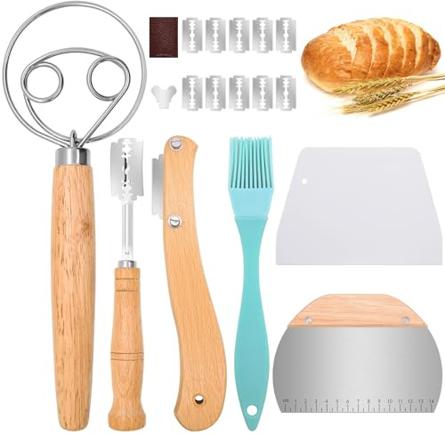 Mispudin 6 Stk Bäckermesser Set - inkl. Brot Einschneidemesser mit 10 Bäckerklinge & Lederschutzhülle, Teigmesser, Dänischer Schneebesen, 2 Teigschaber, Backpinsel, Brot Backen Zubehör für Gärkörbchen