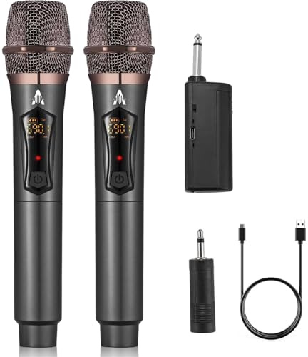 ALPOWL Kabelloses Mikrofon, Professionelles kabelloses Dual-Mikrofon, kabelloses Mikrofonsystem für Karaoke, Wiederaufladbarer Empfänger für Sprachverstärker für Hochzeit. (WXM-B, Black)