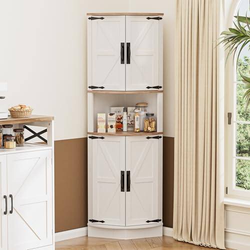 BonVache Küchenschrank Hoch, Eckschrank, Badezimmerschrank Schmal, Eckregal mit 4 Türen und 5 Ablageflächen, 165cm Aufbewahrungsschrank Holz, Hochschrank für Küche, Wohnzimmer, Esszimmer, Weiß