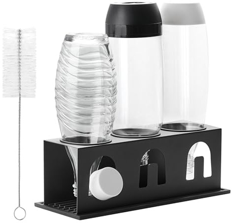 ACTIV Cuisine Flaschenhalter für Sodastream Duo Crystal Flaschen, 3er Edelstahl Abtropfhalter Abtropfgestell platzsparend, Breite 11cm, mit Abtropfmatte, Deckelhalter, Flaschenbürste, Schwarz