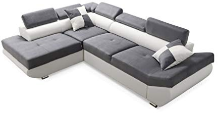 Robin Inspire Saturn Ecksofa mit Schlaffunktion L-Form Links Grau-Weiß | 280 cm 4-Sitzer Schlafsofa mit Bettkasten, 5 verstellbare Kopfstützen, 2 Kissen, Wohnlandschaft, freistehende Eckcouch