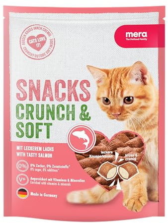 mera Crunch & Soft mit Lachs, 200g köstliche Katzen Leckerlies, nahrhafter Katzensnack voller Vitamine und Mineralien, krosse Kissen mit cremiger Füllung