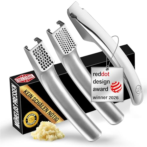 Gourmet Easy Knoblauchpresse, 2 Aufsätze, ohne Schälen, lebenslanger Ersatz | Robuste Knoblauchpresse Edelstahl mit 2 Aufsätzen für feines & grobes Hack, ergonomischer Griff, spülmaschinenfest