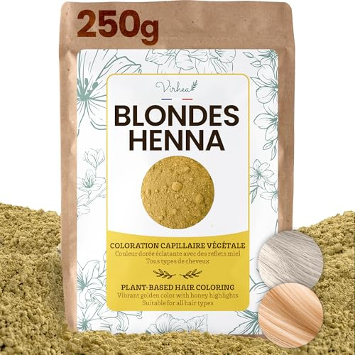 VIRHEA Blond Henna 250g - Natürliche Blond Henna Haarfarbe für Strahlendes Goldblond - Pflanzenhaarfarbe ohne Chemie für Gesundes, Glänzendes Haar - Ideal für Mittelblond, Honigblond und Kupfernuancen