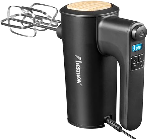 Bestron Power Handmixer, Leistungsstarker Handmixer mit 6 Stufen, Turbo-Funktion & LCD-Display, Rührgerät inkl. 2 Schneebesen & 2 Knethaken, Leichtgewicht von 1KG, Farbe: Schwarz/Holz