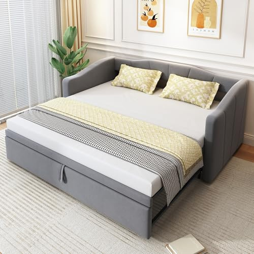 Kayan Polsterbett Ausziehbares Schlafsofa 90/180 * 200 cm mit Lattenrosten, Multifunktionsbett aus hautfreundlichem Samtstoff (Grau)