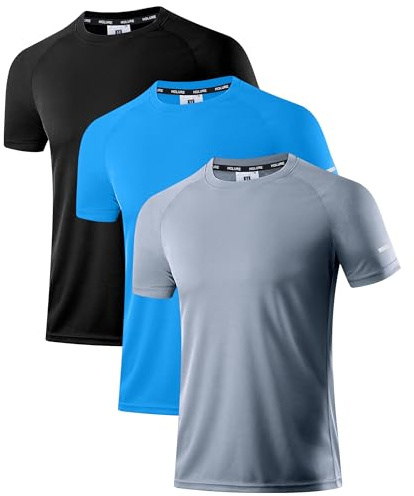 Herren Activewear T-Shirts 3 Pack | Slim Fit Sport Shirts | Atmungsaktiv, Schnelltrocknend & Leicht | mit Reflektierenden Details für Fitness, Laufen & Training Schwarz/Grau/Blau 3P01-XL