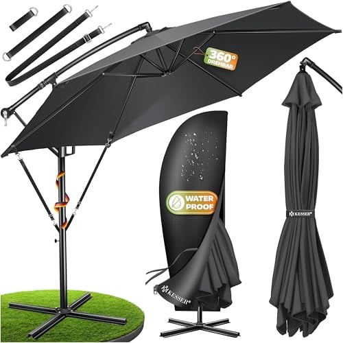 KESSER® Alu Ampelschirm Sonnenschirm + Abdeckung Ø300 cm & Kurbelvorrichtung Kurbelschirm mit Ständer UV-Schutz Aluminium Wasserabweisende Bespannung 360° Funktion Garten-Schirm Marktschirm Anthrazit