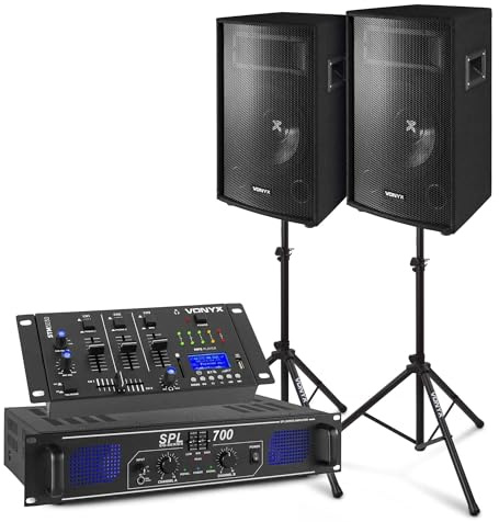 SkyTec - DJ Lautsprecher Set, Mobile PA Anlage Komplettset 700 Watt, mit Mischpult, Verstärker, Stativen und Kabeln, DJ Set Komplett, 12 Zoll DJ Boxen Set, 8 Ohm PA System, DJ Anlage für Beginner