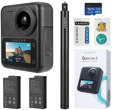 KanDao QooCam 3 Action-Kamera, 1/1,5 Zoll Sensoren 5,7K Foto @ 60fps 360 Videokamera Wasserdicht Stabilisierung Sport Outdoor Kamera Reise Combo