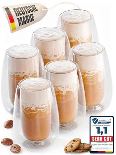 LAPRESO® Latte Macchiato Gläser doppelwandig 6er Set 350ml - Doppelwandige Gläser modernes Design Cappuccino Tassen Teegläser aus Borosilikatglas
