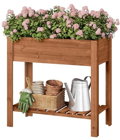WOLTU Hochbeet Holz, mit Blumenkasten Ablageboden Folie, 80x75x40 cm, Braun | Hochbeet, Gemüsebeet & Kräuterbeet, für Balkon, Garten & Terrasse Outdoor