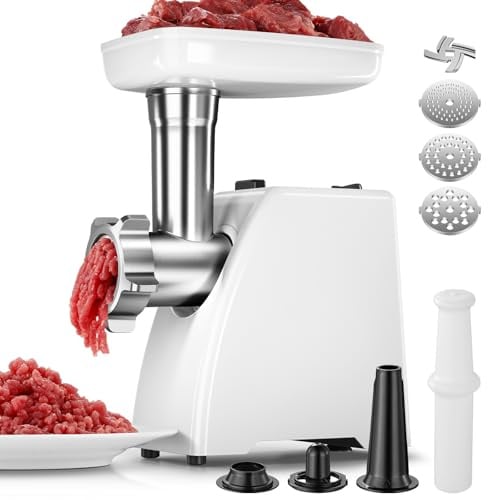 AMZCHEF Fleischwolf Elektrisch für Zuhause - mit 3 Platten, Wurstfüller & Kubbe-Kit | Ideal für Hackfleisch, Würste & Haushaltsküche