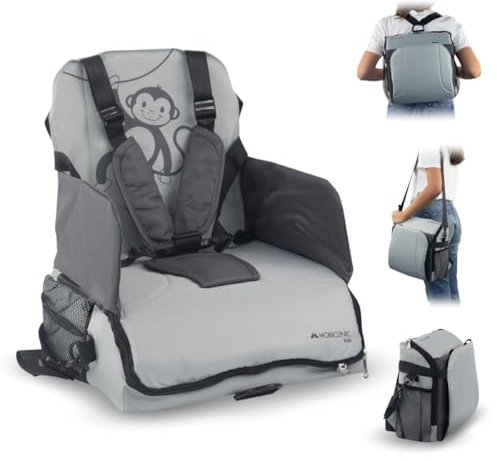 Mobiclinic® kids, Tragbarer hochstuhl, Monkey, Europäische marke, Reisehochstuhl, 6 bis 36 monate, 15kg, Faltbar, Verstellbarer 5-punkt-gurt, Mit aufbewahrung, Baby, Babysitz, Grau