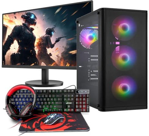 Basic Gaming Komplett PC Set Ryzen 3 3200G, Radeon Vega 8, 16 GB DDR4, 1000 GB SSD M.2, Windows 11 Pro 64bit + 24 Zoll Monitor + Tastatur, Maus, Headset Bundle