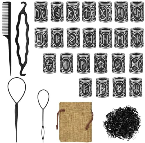 DECARETA 24 Stück Bartperle Wikinger Rune Bart Perlen 10*13mm Nordische Haarperlen Bartschmuck Flechten Runenperlen mit Clip und 400 Schwarze Gummibänder mit Beutel für Armband Halskette DIY Anhänger