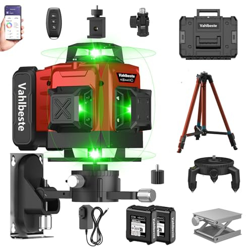 Vahlbeste Kreuzlinienlaser mit Stativ, Laser Wasserwaage mit 2x4800mAh Batterien & LED-Anzeige, 4x360 Grad Laser Level, 4D 16 Linienlaser Selbstnivellierend/APP/Fernbedienung/IP54 Wasser- & Staubdicht