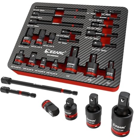 EZARC Stecknuss Adapter Set 21tlg, CR-V Verlängerungen, Kardangelenke | CR-V und CR-MO Stahl mit Manganphosphat, Reduzierstücke, 360° Kardangelenke, Impact Adapter, Lasergravur, XPE-Schaumeinlage
