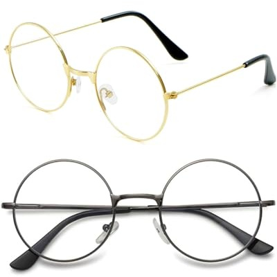 Metall Runde Brille - Retro Brillengestell mit Flachgläsern für Cosplay - Dekorative Brille ohne Stärke für Mann und Frau