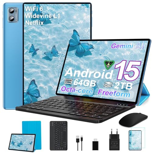 SUAAT Tablet Android 15 mit 64GB ROM+2TB TF Tablets,10.1 Zoll,WiFi 6, Bluetooth 5.0, Dual Camera 8+5MP, 1280 * 800 HFD, Cast, OTG, Type C, mit Hülle, Tastatur & Maus-Blau