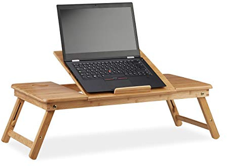 Relaxdays Laptoptisch Bambus XL, ideale Belüftung, höhenverstellbar, Natur | 5 Neigungswinkel, Lapdesk mit Schubfach