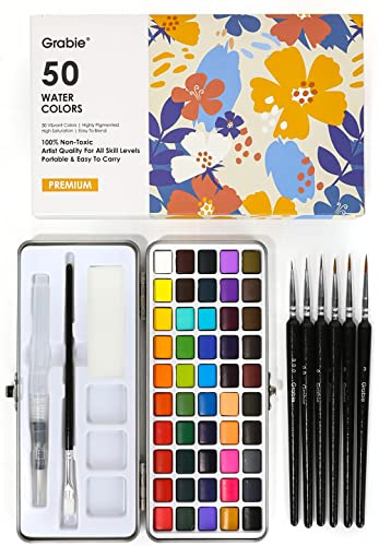 Grabie Aquarellfarben-Set, ideal zum Malen, 50 Farben, Detail-Pinsel im Lieferumfang enthalten, Kunstbedarf, für Künstler, Hobbyisten und Malliebhaber