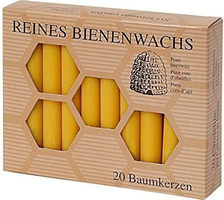 Baumkerzen Bienenwachs 20 Stück 10 cm Ø 13 mm – Christbaumkerzen Wachs naturgelb mit Sockel für klassische Halter, Bienenwachskerzen