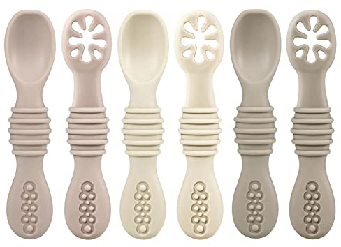 PandaEar Silikon Babylöffel Lernlöffel blw Löffel, 6 Stück Weich Esslernlöffel Baby Löffel Brei ab 4 6 Monaten zum Selber Essen, BPA frei Breilöffel Baby Spoon Self Feeding (Beige/Hellbraun/Braun)