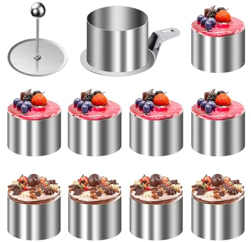Idota 10pcs Dessertringe, 8cm Rund Mousseringe Edelstahl mit Heber Stampfer | Speiseringe Servierringe Set Kleine Backringe Tortenring für DIY Mousse Torte Reiskugel Nachspeise